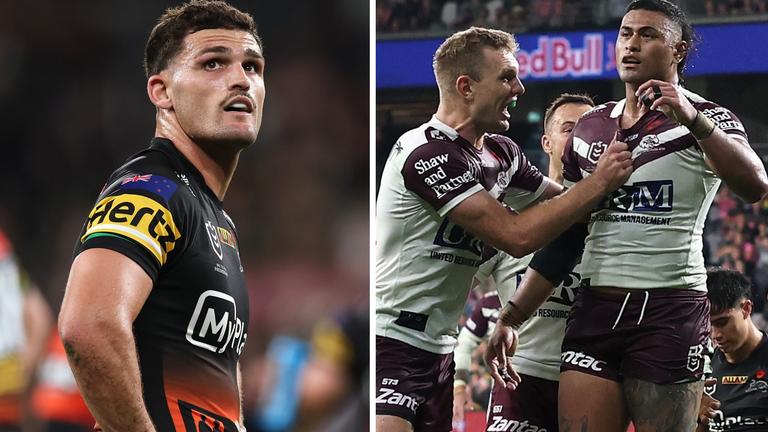WATCH: Manly Sea Eagles’ Haumole Olakau’atu Trolls Penrith Panthers Star Nathan Cleary and Fullback Tom Trbojevic with Hilarious “Inspection” During Postgame Press Conference After NRL Clash…